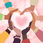 Personnes d'origines différentes qui forment un coeur avec leurs mains.