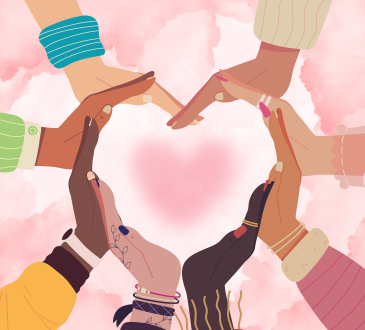 Personnes d'origines différentes qui forment un coeur avec leurs mains.